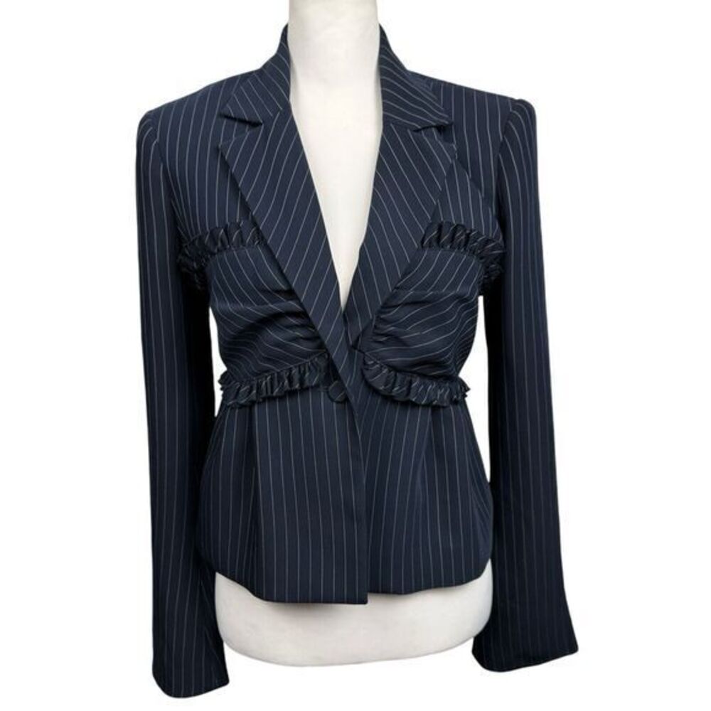 Cinq A Sept Navy Blue Cropped Pinstripe Bustier 1 Button Blazer Women’s Size‎ 2